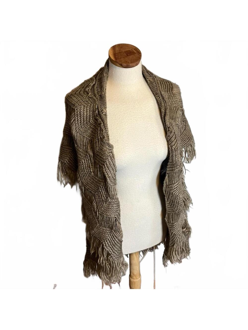 Cozy Fringe Knit 30% Wool Textured Cardigan Sweater L/XL Brown Shabby Dystopian